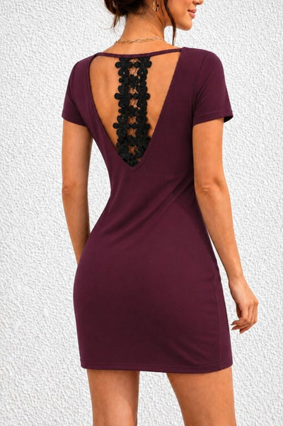 Rochie din viscoză două fire pentru femei, mânecă scurtă, detaliu dantelă pe spate, scurtă, 36098