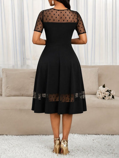 Rochie Midi Krep Janjan Dama cu Mânecă Scurtă, Guler Rotund și Detalii Tul cu Buline, 36153