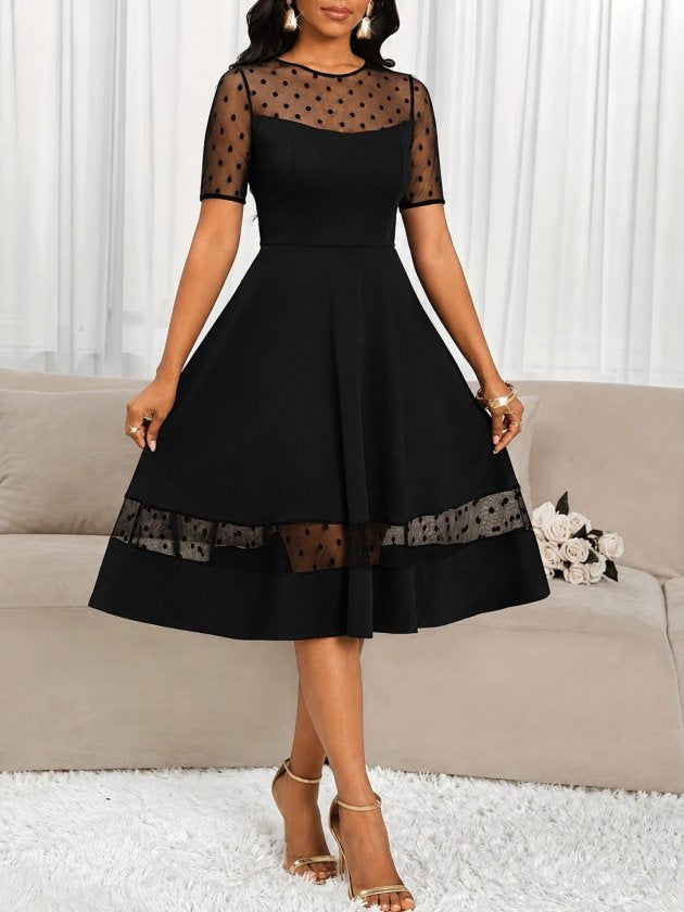 Rochie Midi Krep Janjan Dama cu Mânecă Scurtă, Guler Rotund și Detalii Tul cu Buline, 36153