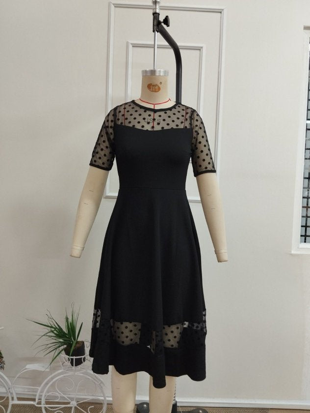 Rochie Midi Krep Janjan Dama cu Mânecă Scurtă, Guler Rotund și Detalii Tul cu Buline, 36153
