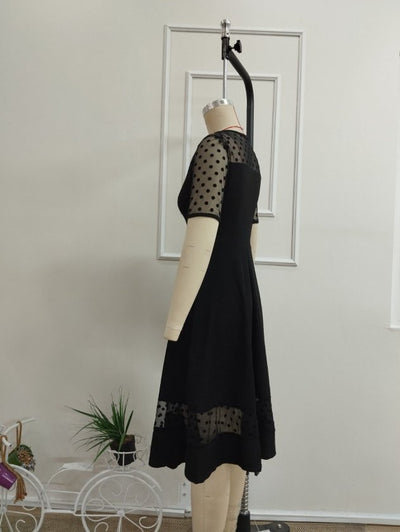 Rochie Midi Krep Janjan Dama cu Mânecă Scurtă, Guler Rotund și Detalii Tul cu Buline, 36153