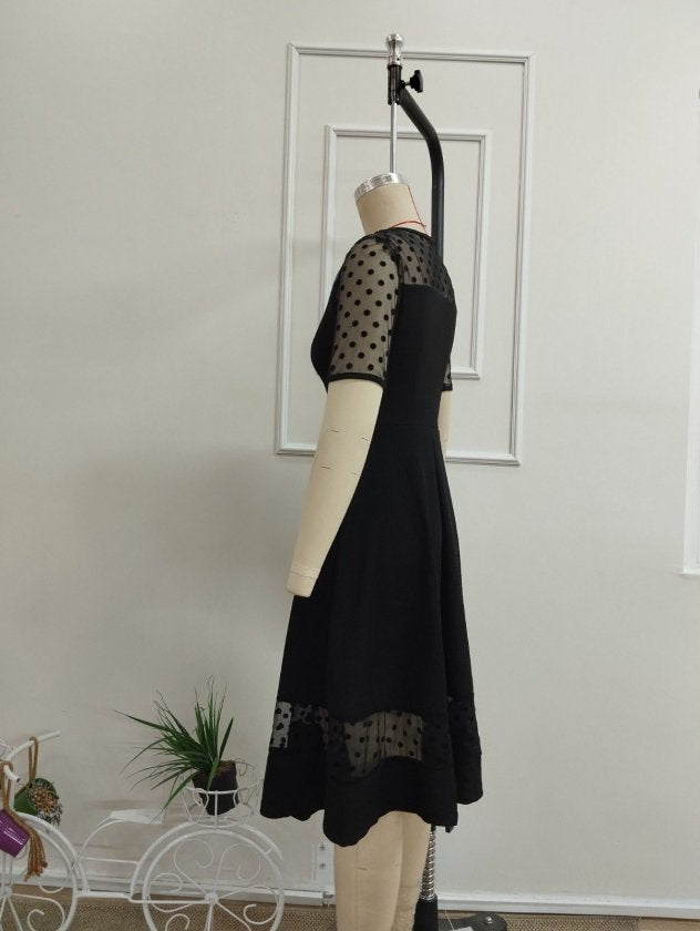 Rochie Midi Krep Janjan Dama cu Mânecă Scurtă, Guler Rotund și Detalii Tul cu Buline, 36153