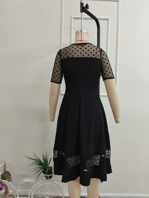 Rochie Midi Krep Janjan Dama cu Mânecă Scurtă, Guler Rotund și Detalii Tul cu Buline, 36153