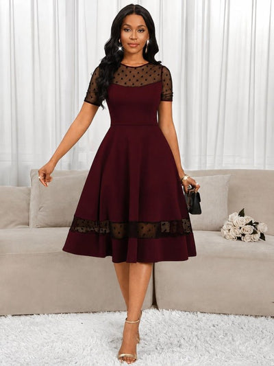 Rochie midi femininǎ din Janjan Krep, cu mâneci scurte, guler în crâu, detaliu din tulle cu puncte, 36154