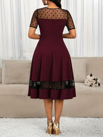 Rochie midi femininǎ din Janjan Krep, cu mâneci scurte, guler în crâu, detaliu din tulle cu puncte, 36154
