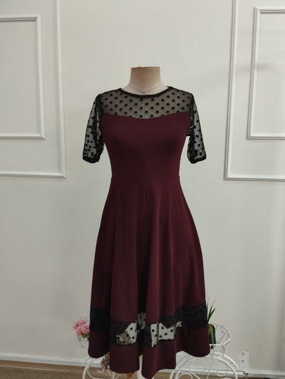 Rochie midi femininǎ din Janjan Krep, cu mâneci scurte, guler în crâu, detaliu din tulle cu puncte, 36154