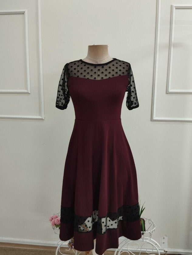 Rochie midi femininǎ din Janjan Krep, cu mâneci scurte, guler în crâu, detaliu din tulle cu puncte, 36154