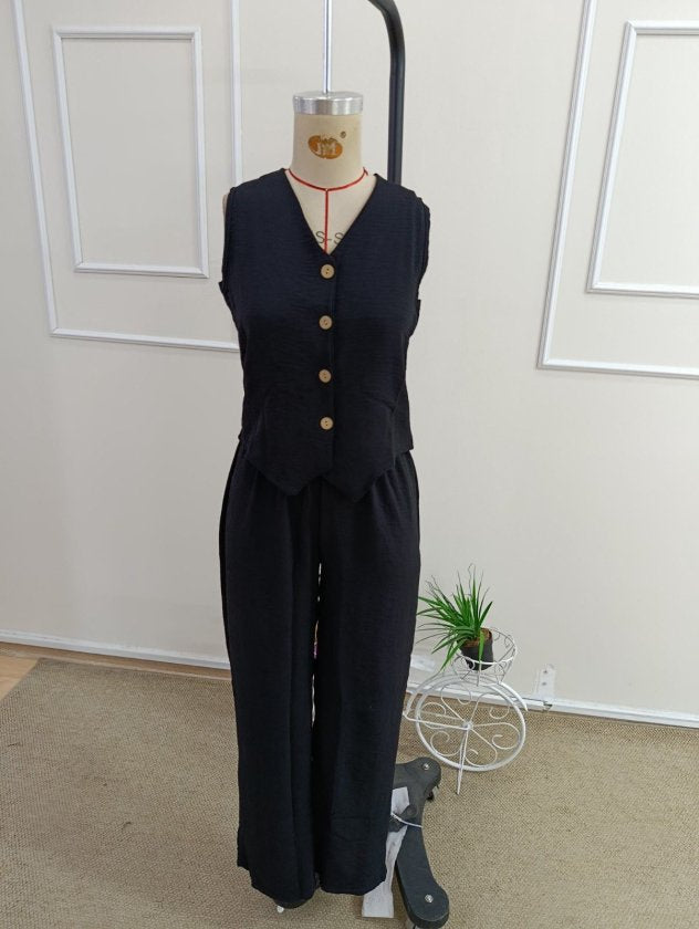 Compleu feminin din Aerobine, fără mâneci, guler V, bluza și pantaloni, 36156