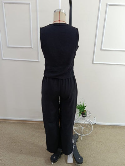 Compleu feminin din Aerobine, fără mâneci, guler V, bluza și pantaloni, 36156