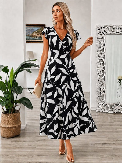 Rochie lungă cu imprimeu, cu mânecă scurtă, cu decolteu petrecut, damă, 36183