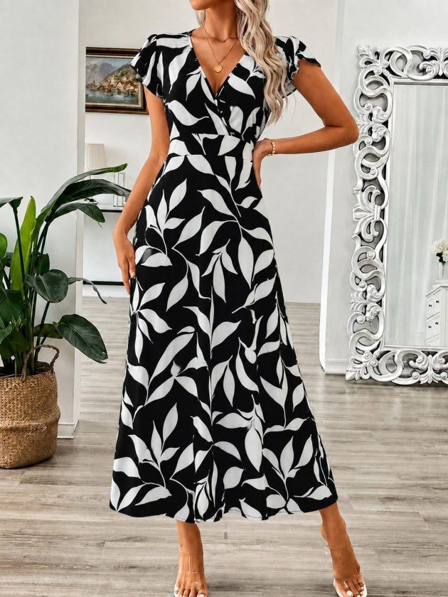 Rochie lungă cu imprimeu, cu mânecă scurtă, cu decolteu petrecut, damă, 36183
