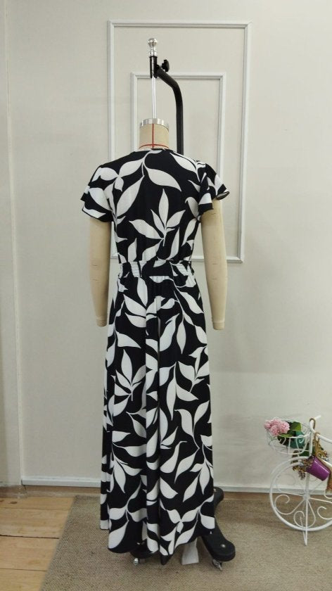 Rochie lungă cu imprimeu, cu mânecă scurtă, cu decolteu petrecut, damă, 36183
