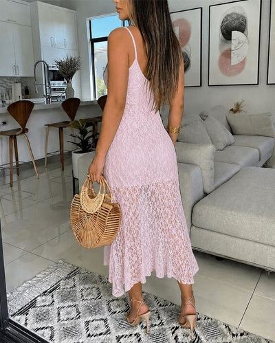 Rochie midi de damă, cu bretele subțiri, decolteu în V, căptușită, cu detalii asimetrice și dantelă, 36204