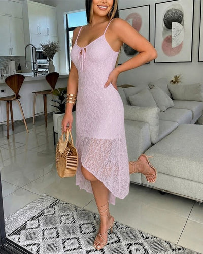 Rochie midi de damă, cu bretele subțiri, decolteu în V, căptușită, cu detalii asimetrice și dantelă, 36204