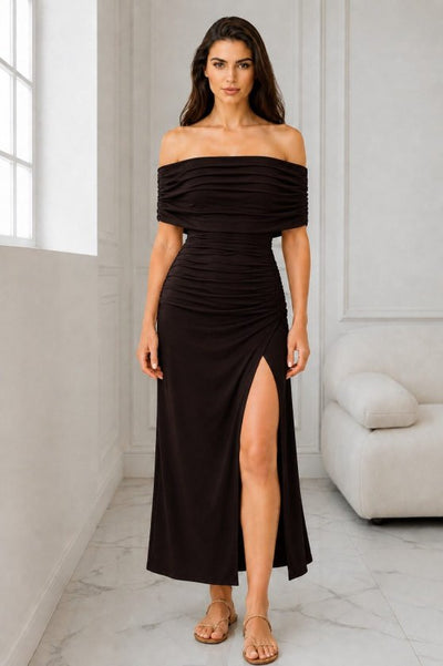 Rochie midi de damă din material Sandy, cu decolteu Madonna, talie încrețită și șliț lateral, 36218