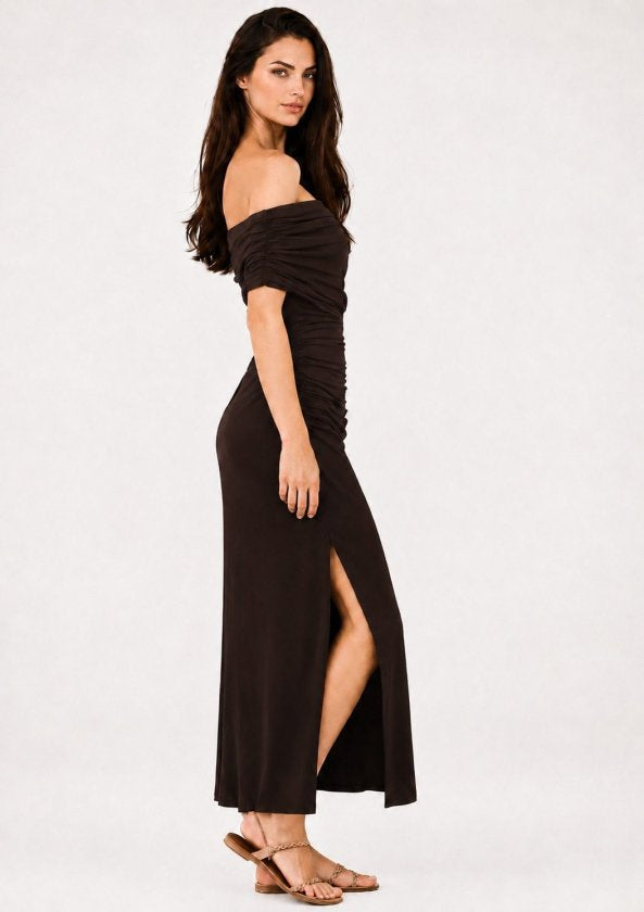 Rochie midi de damă din material Sandy, cu decolteu Madonna, talie încrețită și șliț lateral, 36218