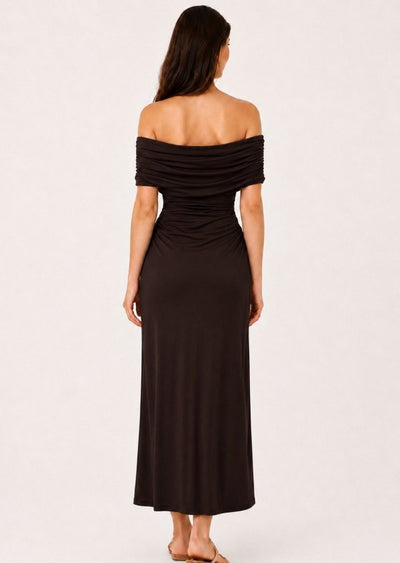 Rochie midi de damă din material Sandy, cu decolteu Madonna, talie încrețită și șliț lateral, 36218