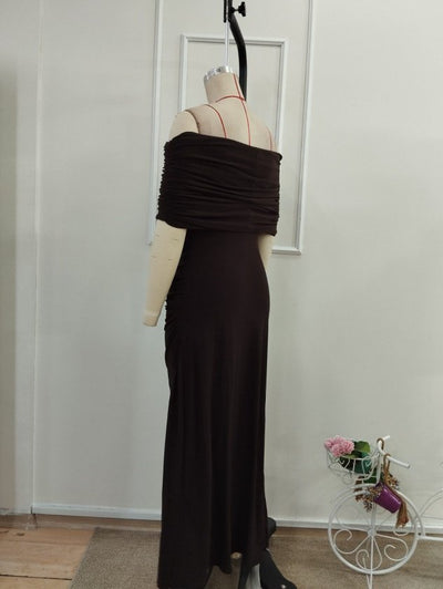 Rochie midi de damă din material Sandy, cu decolteu Madonna, talie încrețită și șliț lateral, 36218