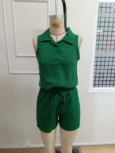 Costum două piese de damă, bluză Dubai fără mâneci, cu guler, nasturi frontali și pantaloni scurți cu șnur, 36253