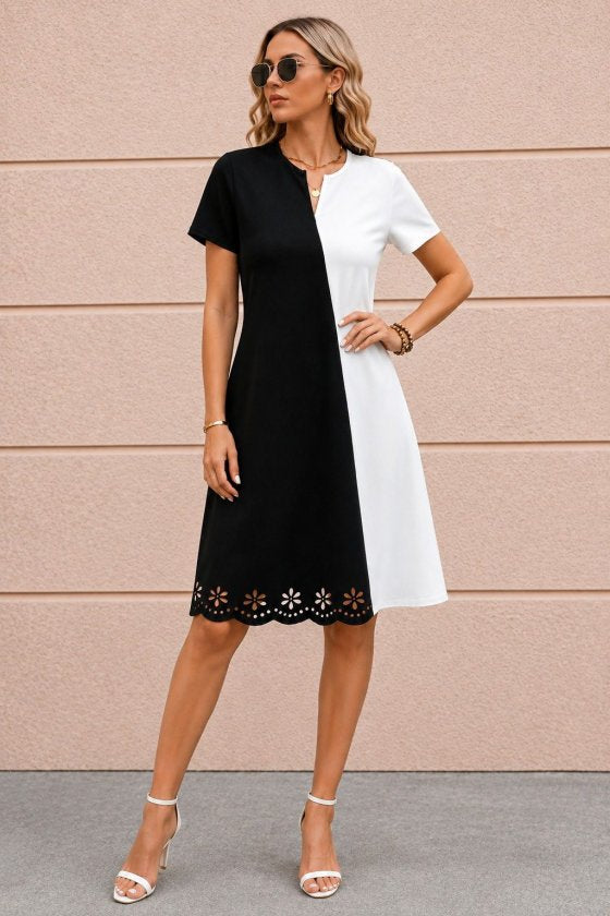 Kadın Kısa Kollu V Yakalı çift Renklç Kısa Lazer Kesim çiçek Detaylı Ithal Krep Elbise, 36261