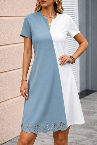 Rochie scurtă femininǎ din Krep importat, cu mâneci scurte, guler V, bicoloră, cu decupaj laser și detaliu de flori, 36262