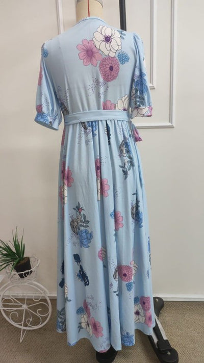 Rochie lungă cu imprimeu, cu mânecă scurtă, cu decolteu petrecut și cordon lateral, pentru femei, 36325