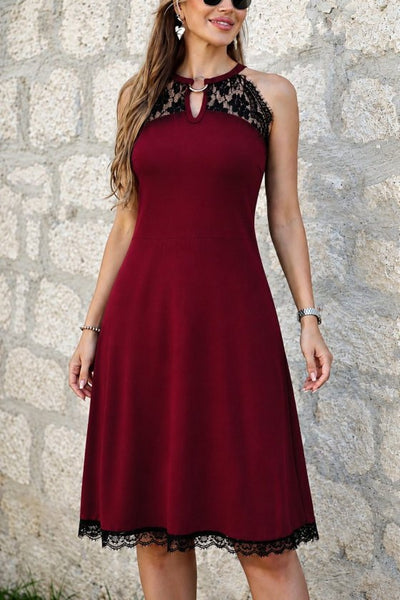 Rochie midi femininǎ din Vizcoză cu dantelă, cu umeri descoperiți, detaliu cu inel la gât, 36362