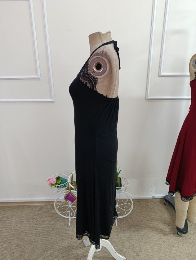 Rochie midi femininǎ din Vizcoză cu dantelă, cu umeri descoperiți, detaliu cu inel la gât, 36363