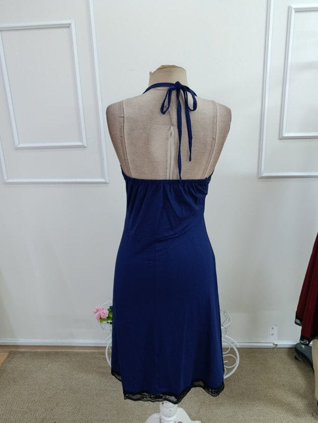Rochie midi femininǎ din Vizcoză cu dantelă, cu umeri descoperiți, detaliu cu inel la gât, 36363
