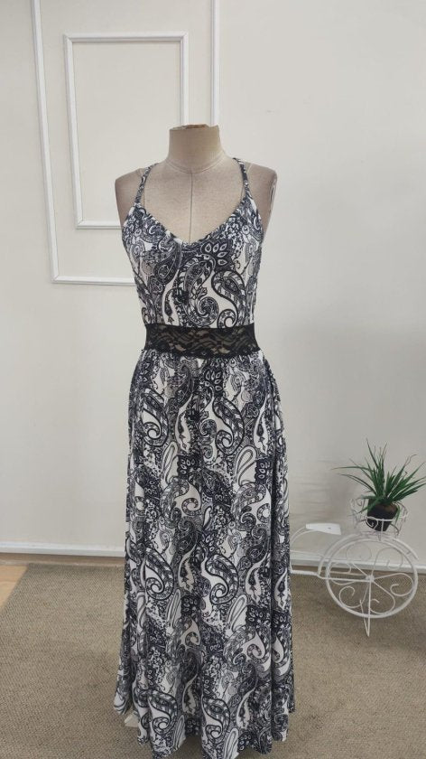 Rochie lungă femininǎ din Super cu model leopard, cu bretele din șnur, dantelă la talie și spate, 36364
