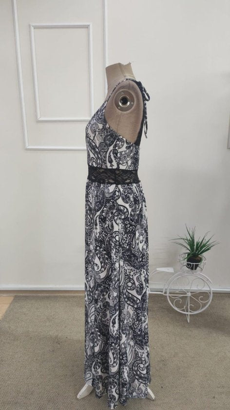 Rochie lungă femininǎ din Super cu model leopard, cu bretele din șnur, dantelă la talie și spate, 36364