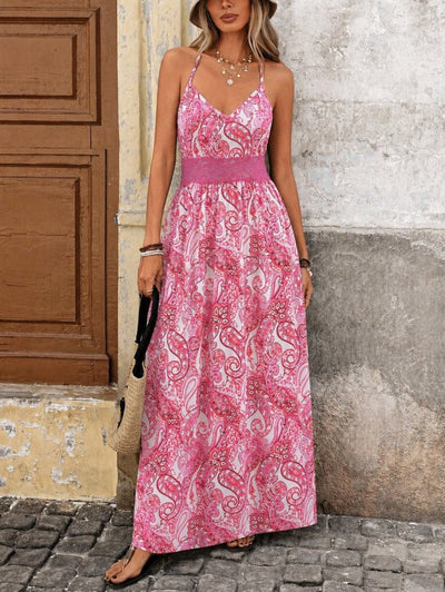 Rochie lungă femininǎ din Super cu model leopard, cu bretele din șnur, dantelă la talie și spate, 36365