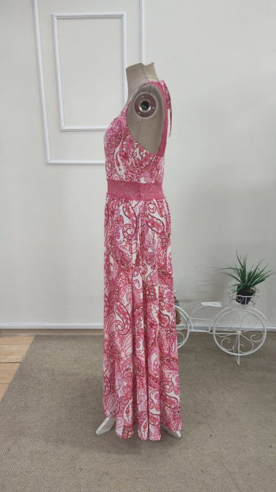 Rochie lungă femininǎ din Super cu model leopard, cu bretele din șnur, dantelă la talie și spate, 36365