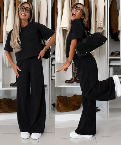 Compleu feminin din Modal, cu mâneci scurte, guler în crâu, bluză și pantaloni, 36373