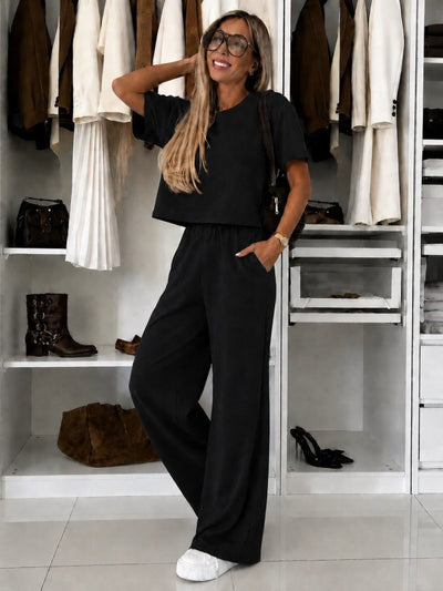 Compleu feminin din Modal, cu mâneci scurte, guler în crâu, bluză și pantaloni, 36373