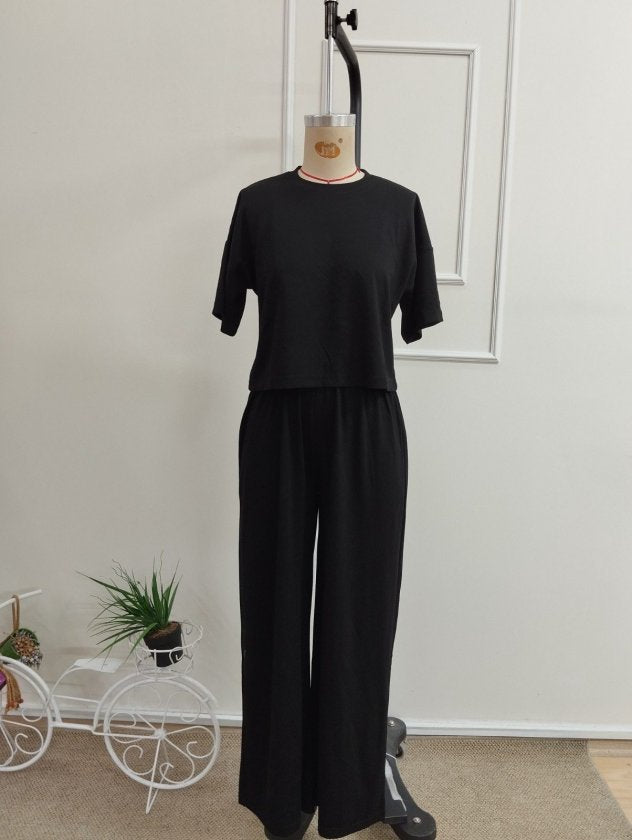 Compleu feminin din Modal, cu mâneci scurte, guler în crâu, bluză și pantaloni, 36373