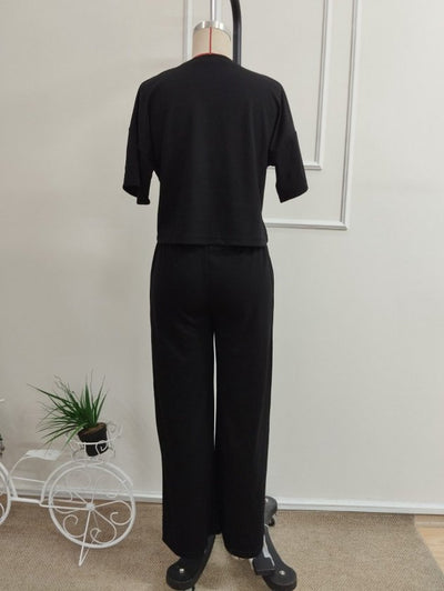 Compleu feminin din Modal, cu mâneci scurte, guler în crâu, bluză și pantaloni, 36373