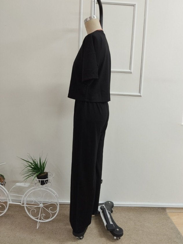 Women's Short-Sleeved Crew Neck Modal Blouse and Pants Two-Piece Set, 36373