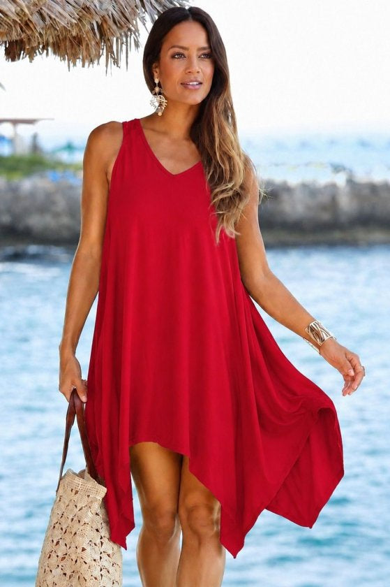 Rochie scurtă femininǎ din Vizcoză, cu bretele, guler V, decupaj asimetric, 36378