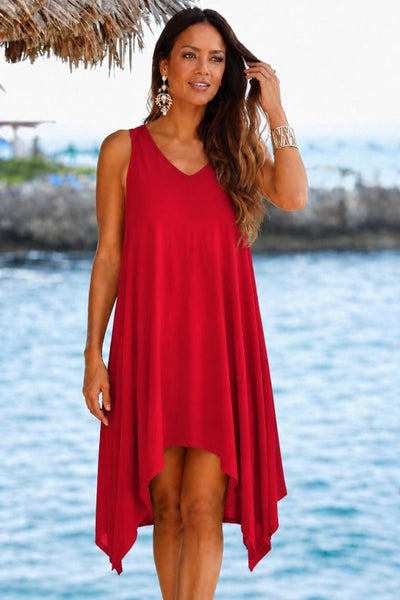 Rochie scurtă femininǎ din Vizcoză, cu bretele, guler V, decupaj asimetric, 36378