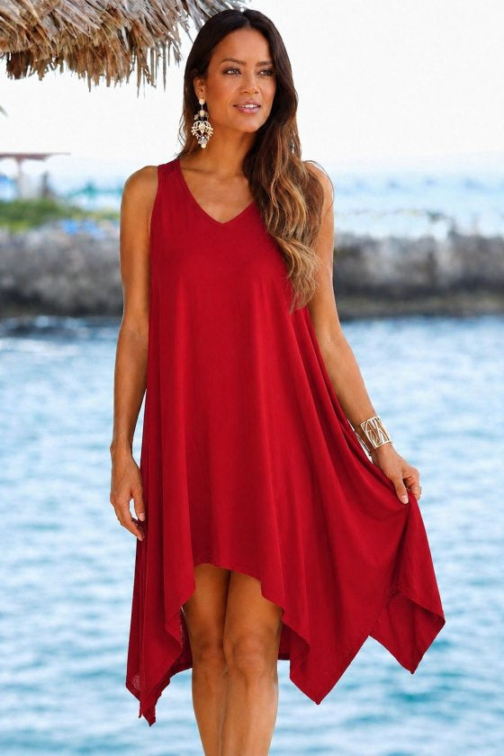 Rochie scurtă femininǎ din Vizcoză, cu bretele, guler V, decupaj asimetric, 36378