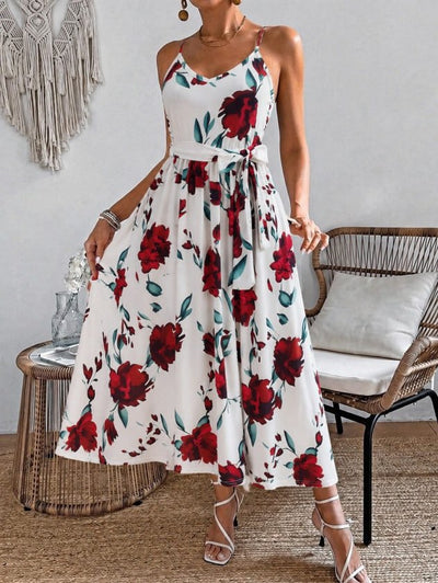 Rochie lungă femininǎ din Super cu model, cu bretele din șnur, guler V, cu cingătură la talie, 36420