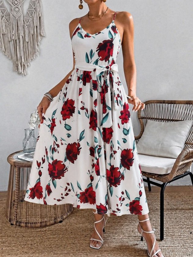 Rochie lungă femininǎ din Super cu model, cu bretele din șnur, guler V, cu cingătură la talie, 36420