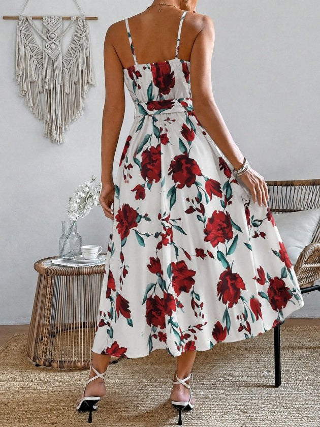 Rochie lungă femininǎ din Super cu model, cu bretele din șnur, guler V, cu cingătură la talie, 36420