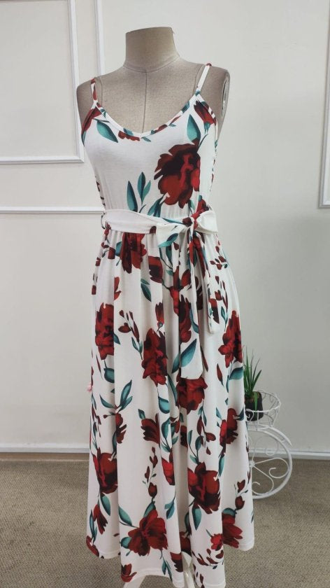 Rochie lungă femininǎ din Super cu model, cu bretele din șnur, guler V, cu cingătură la talie, 36420