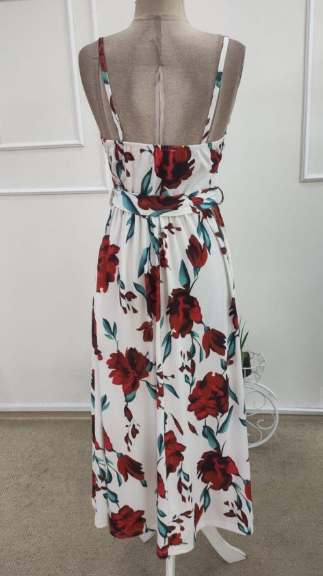 Rochie lungă femininǎ din Super cu model, cu bretele din șnur, guler V, cu cingătură la talie, 36420