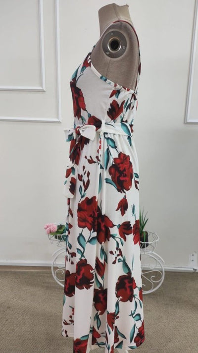 Rochie lungă femininǎ din Super cu model, cu bretele din șnur, guler V, cu cingătură la talie, 36420
