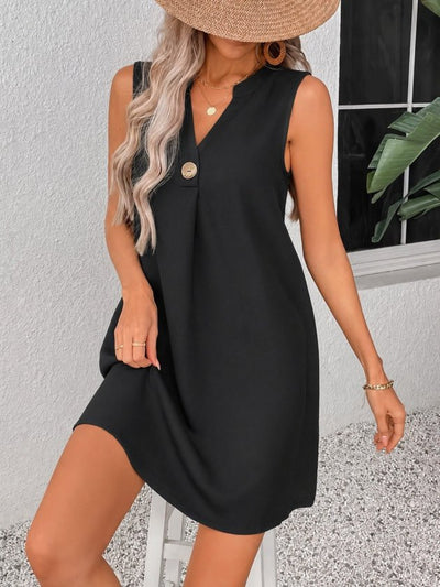 Women's Sleeveless V-Neck Buttoned Short Dress, 36423