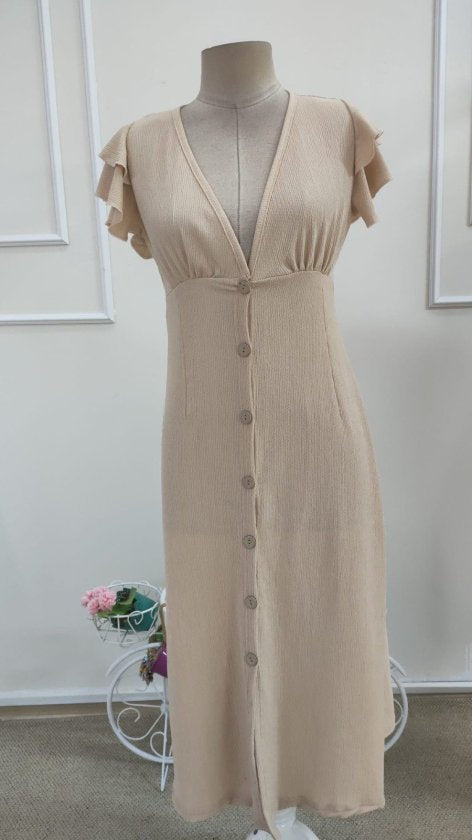 Rochie midi femininǎ din Bürümcük, cu mâneci scurte, guler V, cu nasturi în față, 36430