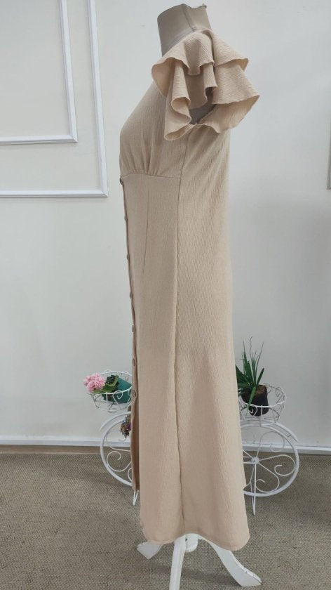 Rochie midi femininǎ din Bürümcük, cu mâneci scurte, guler V, cu nasturi în față, 36430